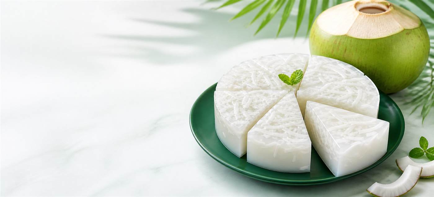 Fresh coconut pudding with coconut strips and green coconut