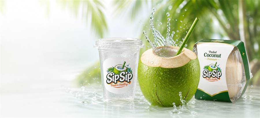 SipSip fresh coconut water, green coconut and premium peeled coconut package