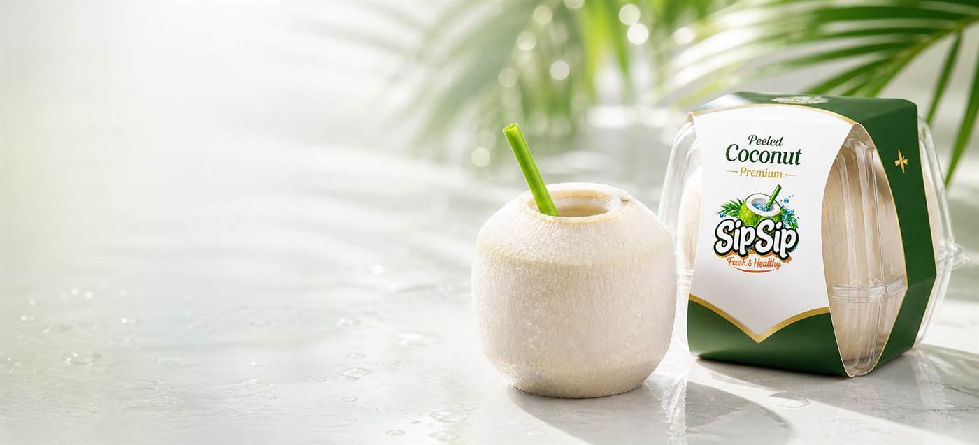 SipSip Peeled Coconut Premium branded package with a chilled peeled coconut